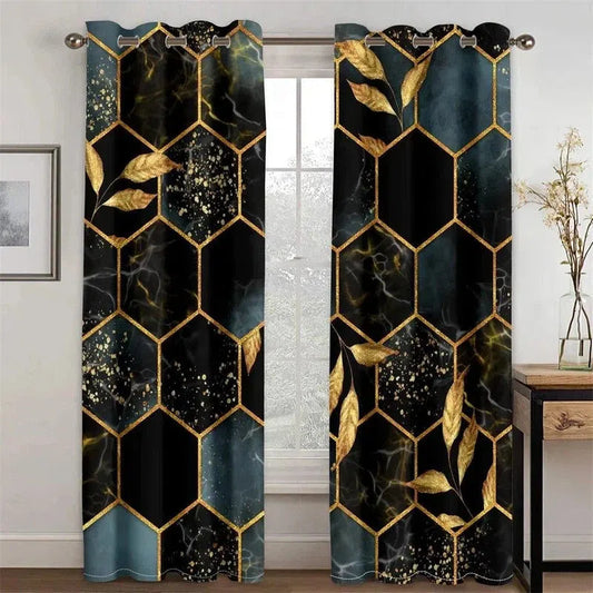 Rideaux design moderne avec motif hexagonal et feuillage doré, parfaits pour ajouter une touche élégante et contemporaine à votre intérieur. Idéaux pour le salon ou la chambre, ces rideaux captivants créent une ambiance chic et sophistiquée tout en maîtrisant la luminosité. Faciles à installer grâce aux œillets, ils sont la solution parfaite pour une décoration raffinée et tendance.