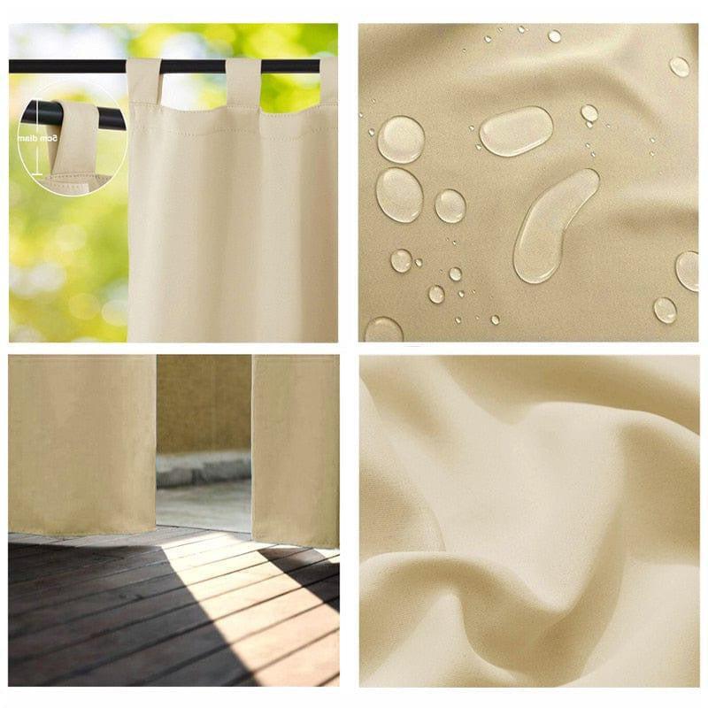 Rideau beige imperméable pour usage extérieur avec œillets robustes, optimal pour terrasse ou jardin, offrant protection sèche et élégante contre la pluie, tout en laissant passer la lumière naturelle grâce à un design moderne et pratique.
