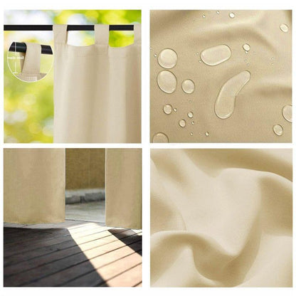 Rideau beige imperméable pour usage extérieur avec œillets robustes, optimal pour terrasse ou jardin, offrant protection sèche et élégante contre la pluie, tout en laissant passer la lumière naturelle grâce à un design moderne et pratique.
