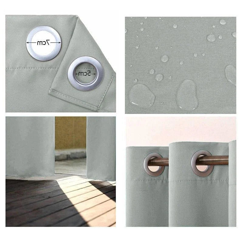 Rideau extérieur imperméable gris avec œillets robustes de 7 cm de diamètre, idéal pour protéger votre espace des intempéries. Design élégant qui laisse passer la lumière tout en offrant une excellente résistance à l'eau, parfait pour les terrasses et jardins.