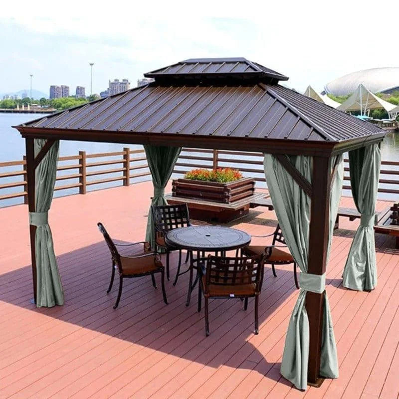 Pavillon de jardin élégant avec rideaux, idéal pour les espaces extérieurs. Ce gazebo spacieux offre une protection optimale contre le soleil, parfait pour se détendre au bord de l'eau. Installez ce pavillon sur votre terrasse pour créer une atmosphère conviviale et stylée. Profitez d'un espace ombragé et confortable pour vos repas en plein air.
