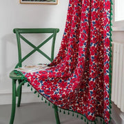 rideau floral rouge bleu vert bohème franges vertes tissu ethnique rustique decoration interieur