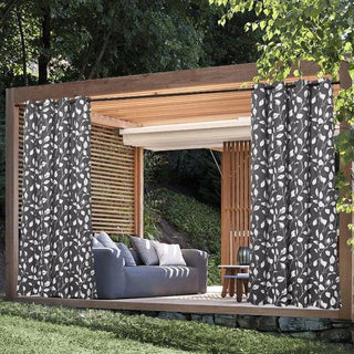 rideaux exterieur gris blanc motifs feuilles satin decoration tringle noirs