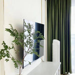 Télévision moderne avec écran plat, idéal pour un salon contemporain. Son design élégant s'intègre parfaitement dans une décoration intérieure, avec des rideaux classiques offrent une ambiance chaleureuse. Parfait pour une expérience de divertissement exceptionnelle à domicile.