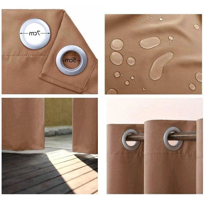 Rideaux beige imperméables avec œillets en métal de 4 cm de diamètre pour tringle. Ces rideaux sont parfaits pour bloquer la lumière solaire tout en ajoutant une touche élégante à votre intérieur. Idéal pour les salons modernes ou les espaces extérieurs couverts. Profitez d'un design sophistiqué et fonctionnel avec une résistance accrue à l'humidité.