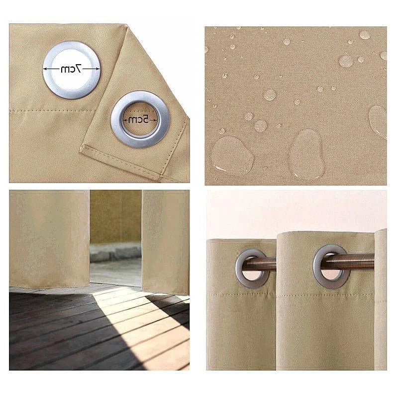 Rideau beige avec œillets métalliques de 7 cm, idéal pour l'intérieur et l'extérieur. Offre une protection efficace contre l'humidité grâce à son traitement déperlant. Parfait pour embellir votre terrasse ou salon, il assure une ambiance chaleureuse et élégante.