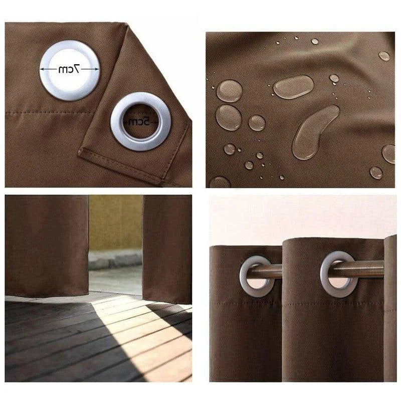 Rideau extérieur marron imperméable avec œillets de 7 cm de diamètre. Parfait pour protéger votre espace extérieur des intempéries, il assure intimité et confort tout en laissant passer doucement la lumière. Idéal pour les terrasses et balcons.