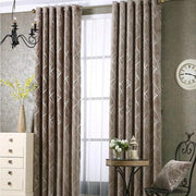 rideaux marron motif géométrique voilage transparent classique øillets métalliques