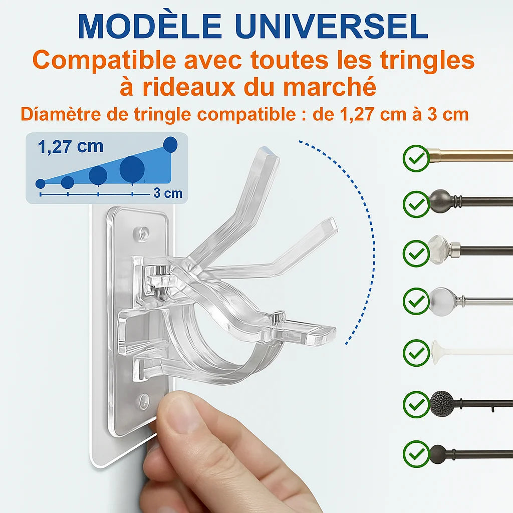 Support adhésif transparent compatible avec des tringles de 1,27 à 3 cm, montage facile sur toute surface.