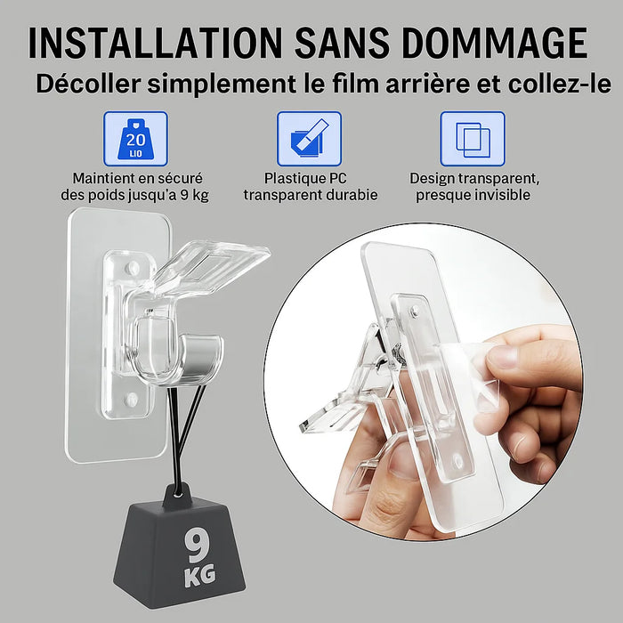 Support de tringle à rideau transparent en plastique résistant, installation sans perçage avec maintien jusqu’à 9 kg.