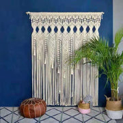 panneau mural décoratif macramé bohème blanc crème losanges franges semi transparent ethnique
