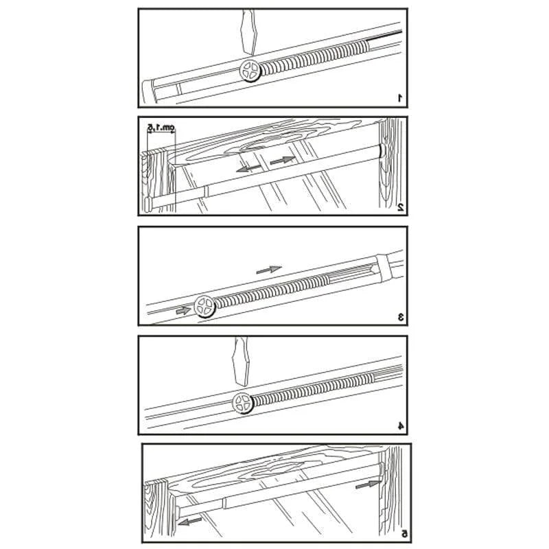 Instructions de montage d'une barre télescopique extensible pour placard. Quatre étapes illustrées montrant le mécanisme d'ajustement de la longueur pour une installation facile et rapide. Guide visuel pour optimiser l'espace de rangement intérieur avec ce système adaptable.