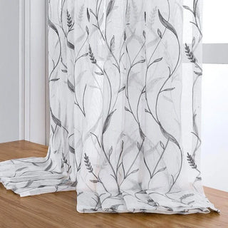 rideau voilage blanc gris motifs floraux translucide decoratif tiges feuilles epis
