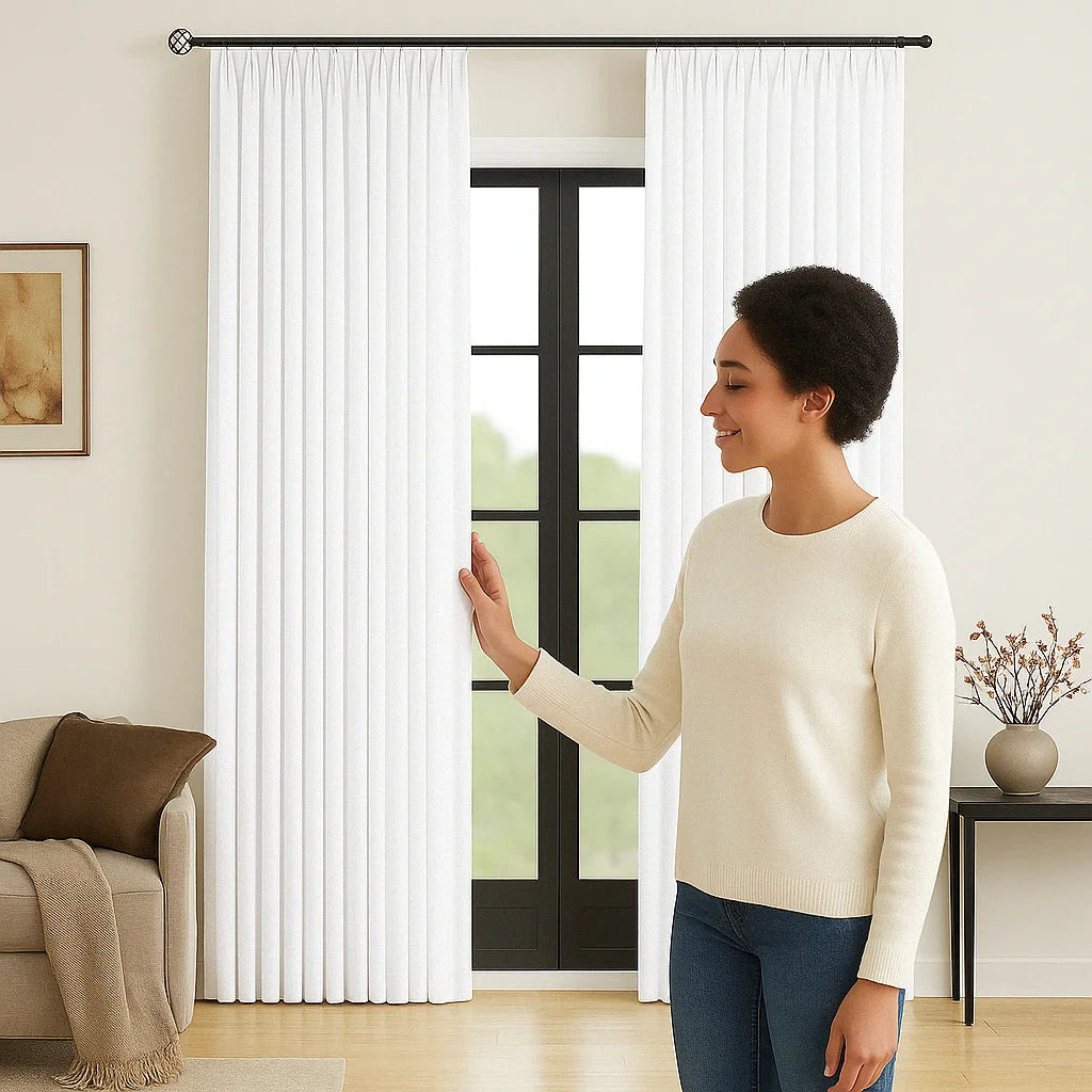 Femme touchant un voilage blanc semi-opaque suspendu à une tringle noire, dans un salon lumineux et moderne.