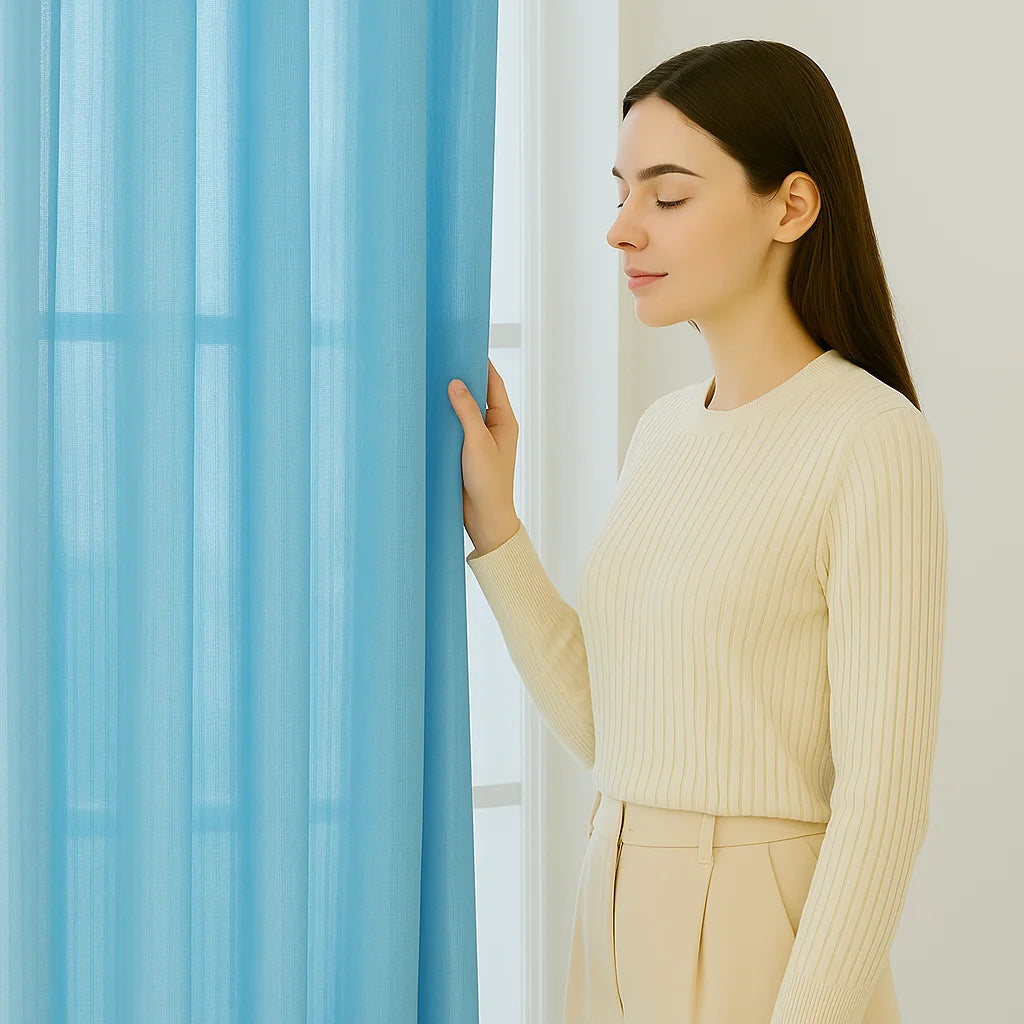 Femme élégante debout près d’un voilage bleu ciel en 100x200, appréciant la douceur et la transparence du tissu dans une pièce lumineuse.