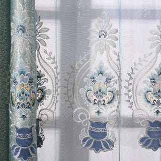 rideau floral bleu gris transparent broderies dentelle ornementale