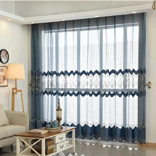 rideau bleu foncé motifs géométriques semi transparent moderne deux épaisseurs gris clair