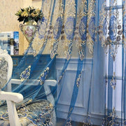 rideau voilage bleu motif floral brodé transparent élégant decoratif chambre salon moderne