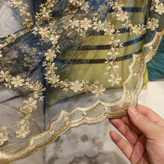 voilage floral transparent bleu doré géométrique élégant intérieur fenêtre porte fenêtre