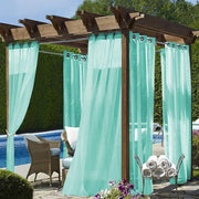 rideau extérieur terrasse turquoise gris translucide tissé plissé contemporain semi transparent décoration fixations métalliques
