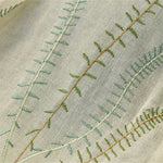 Motif de broderie sur tissu de couleur beige avec des motifs végétaux fins dans des tons de vert et bleu, idéal pour une décoration intérieure élégante et naturelle.
