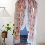rideau floral transparent beige rose blanc romantique galon fronces
