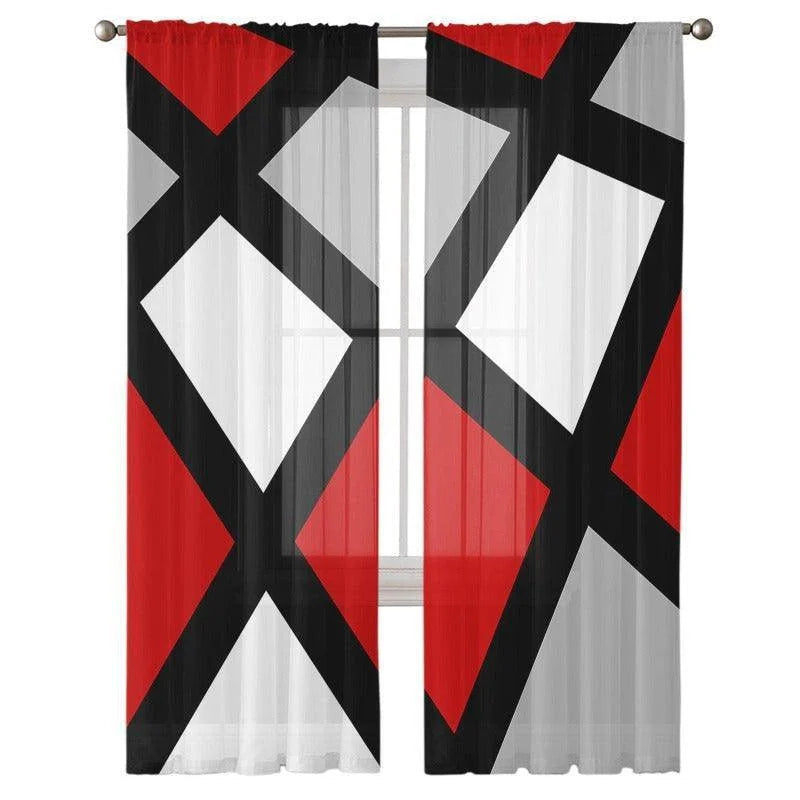 Rideaux modernes avec motifs géométriques rouges, noirs et blancs, parfaits pour ajouter une touche contemporaine à votre intérieur. Ces rideaux apportent une note design et élégante à n'importe quelle pièce, tout en permettant de moduler l'entrée de lumière naturelle. Idéals pour un salon ou une chambre, ils s'adaptent facilement à différents styles de décoration.