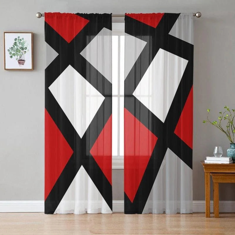 Rideaux modernes avec motifs géométriques en noir, blanc et rouge, idéals pour ajouter une touche contemporaine à votre salon. Parfaits pour un intérieur design, ces rideaux apportent une ambiance élégante et artistique à votre espace de vie. Transformez votre décoration avec ce motif audacieux et stylé.