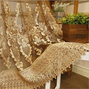 voilage transparent brodé classique beige marron doré ornements floraux tringle rideau chambre coucher
