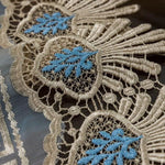 Broderie complexe avec motif floral bleu et beige, parfaite pour la décoration intérieure ou la confection de vêtements sur mesure. Design élégant et détaillé, idéal pour les projets créatifs nécessitant une touche raffinée et sophistiquée. Accessoire décoratif polyvalent pour embellir vos créations textiles.
