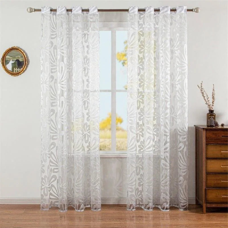 Rideaux blancs à motifs floraux pour salon, lumière naturelle, décoration élégante, idéale pour toutes saisons, améliore l’esthétique intérieure, installation simple, convient à tout type de fenêtre.