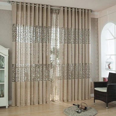 Rideaux décoratifs élégants pour salon, design à rayures et motifs floraux, ambiance chaleureuse, idéal pour la décoration intérieure, ajoute une touche de sophistication et de style à votre maison, parfait pour tamiser la lumière tout en conservant l'intimité, installation facile avec anneaux pratiques.