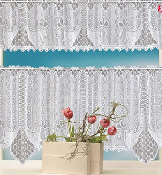 Rideaux décoratifs blancs, design élégant avec des motifs floraux, idéals pour habiller les fenêtres de la cuisine ou du salon. Effet raffiné et lumineux pour sublimer votre intérieur.