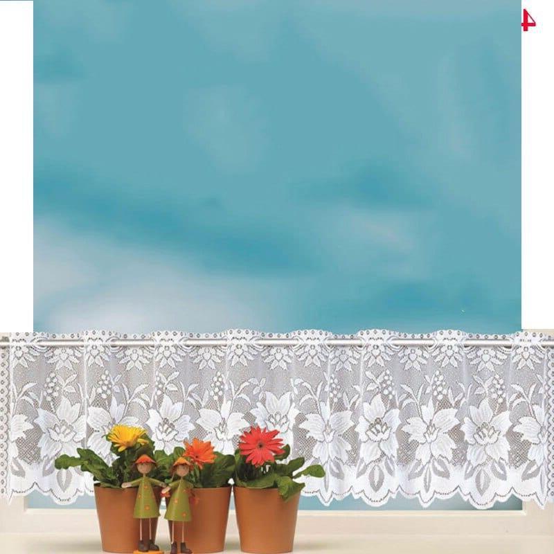 Rideau de fenêtre blanc avec motifs floraux élégants, idéal pour décorer une cuisine ou un salon. Ajoute une touche de charme et de sophistication à votre intérieur. Parfait pour filtrer la lumière tout en gardant l'intimité. Accessoire décoratif chic pour un style classique et intemporel.