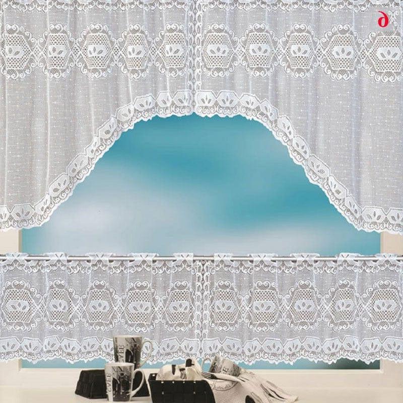 Rideau de fenêtre avec design élégant et motifs décoratifs, idéal pour ajouter une touche de sophistication à votre cuisine ou salle à manger. Ce rideau blanc avec motifs géométriques offre une ambiance lumineuse et raffinée, parfait pour habiller vos fenêtres tout en maintenant l'intimité de votre espace intérieur.