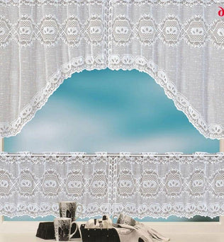 Rideau de fenêtre avec design élégant et motifs décoratifs, idéal pour ajouter une touche de sophistication à votre cuisine ou salle à manger. Ce rideau blanc avec motifs géométriques offre une ambiance lumineuse et raffinée, parfait pour habiller vos fenêtres tout en maintenant l'intimité de votre espace intérieur.