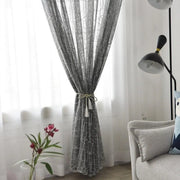 rideau transparent gris moderne plis flamands passe tringle motif branches liens pompons vaporeux scandinave