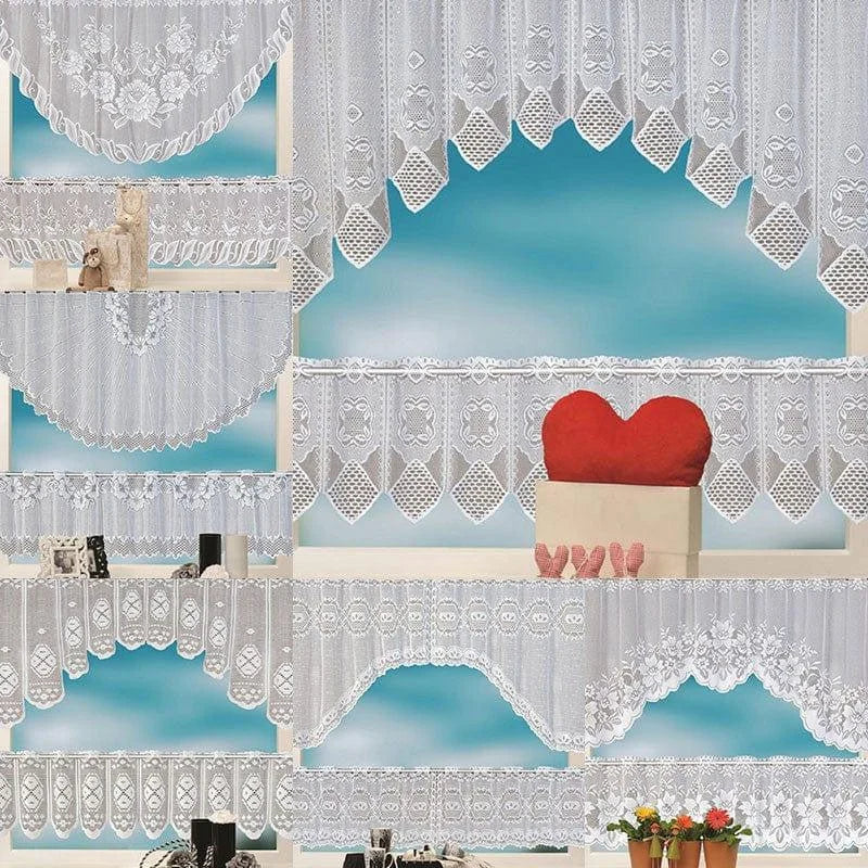 Rideaux courts en dentelle blanche à motif floral pour décoration de fenêtre. Idéal pour ajouter une touche élégante et raffinée à votre intérieur. Design délicat et varié, parfait pour les salons, cuisines ou chambres. Facilite l'entrée de la lumière naturelle tout en préservant l'intimité. Choix idéal pour ceux qui recherchent une combinaison de style classique et fonctionnel.