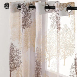 rideaux voilage beige marron blanc motifs feuilles arbres translucides décoratifs champêtres métalliques fenêtre