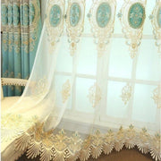 voilage turquoise ornements floraux bordure feuille rideau blanc or classique translucide plis flamands passe