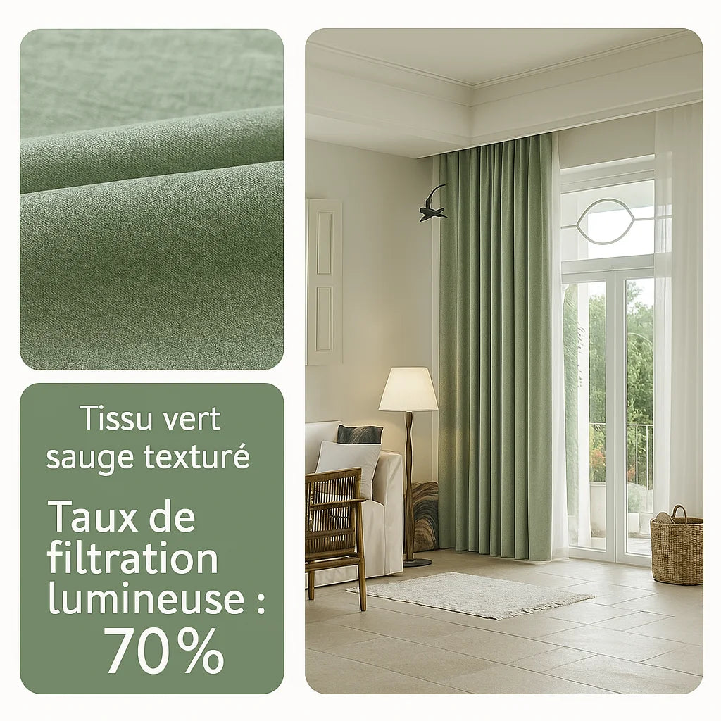 Présentation d'un rideau vert sauge texturé avec un taux de filtration lumineuse de 70 %, installé dans un salon lumineux et élégant.
