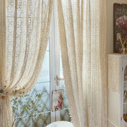 voilage vintage beige motifs floraux translucide rustique chambre passe tringle fleurs artificielles