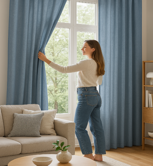 Femme souriante ouvrant un voilage bleu texturé dans un salon moderne lumineux.