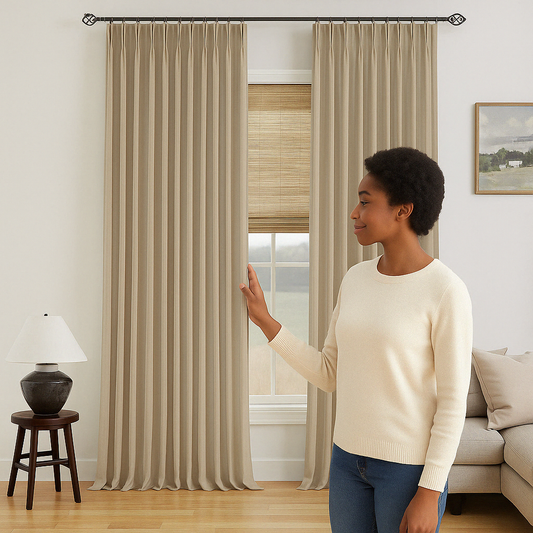 Femme touchant un rideau beige plissé à galon fronceur dans un salon lumineux avec des murs blancs et un sol en bois clair.