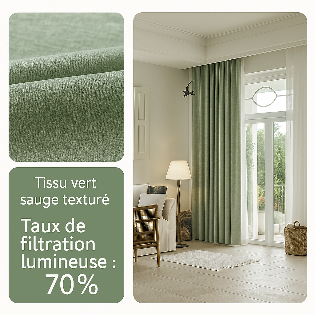 Présentation d'un rideau vert sauge texturé avec un taux de filtration lumineuse de 70 %, installé dans un salon lumineux et élégant.