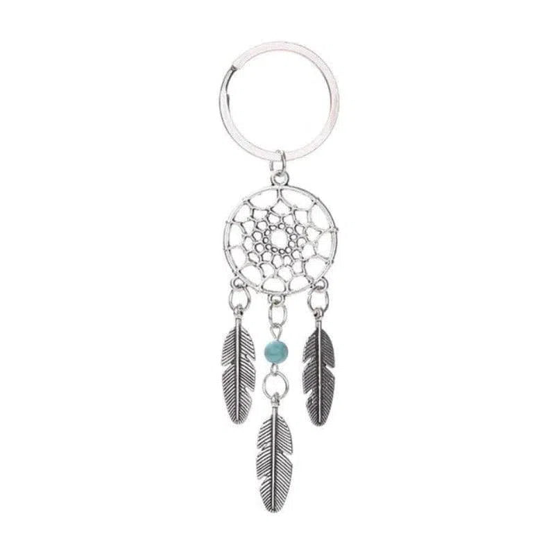 Porte-clés attrape-rêves avec plumes et perle décorative bleu, idéal comme accessoire tendance et symbolique pour sac ou trousseau de clés.