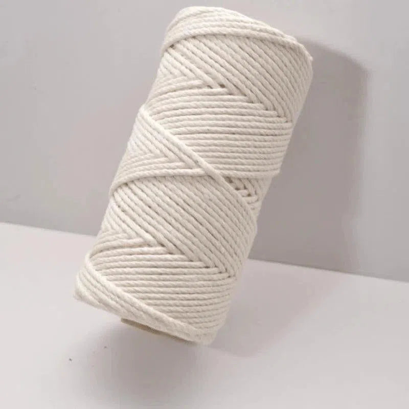 Bobine de fil blanc épais sur une surface blanche, idéale pour les projets de macramé, le jardinage, ou les travaux manuels créatifs. Accessoire essentiel pour les passionnés d'artisanat ou de décoration intérieure fait main.