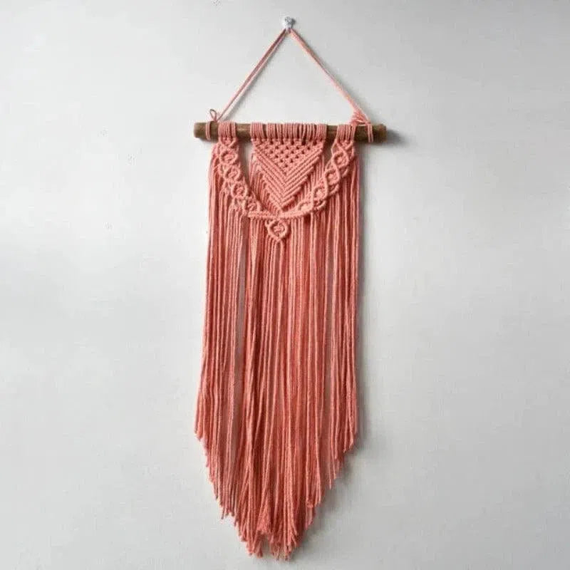 Décoration murale en macramé rose, design bohème minimaliste, idéale pour sublimer un salon ou une chambre. Élégance et originalité pour un intérieur tendance. Solide et facile à accrocher, ajoutant une touche artistique à votre espace de vie. Parfait pour les amateurs de décoration intérieure vintage et chic.