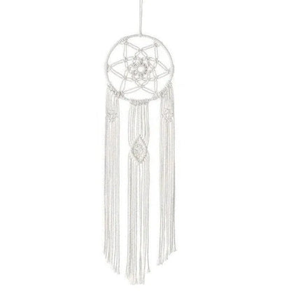 Attrape-rêves blanc élégant avec longs pendentifs pour décoration intérieure, idéal pour chambre à coucher ou salon, ajoute une touche bohème et apaisante à tout espace de vie.