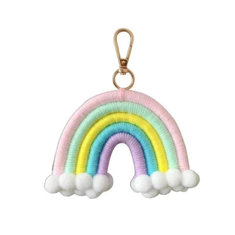 Porte-clés arc-en-ciel décoratif avec crochet doré, couleurs pastel, design ludique et tendance, idéal pour personnaliser sacs et trousses, accessoire mode original pour égayer votre quotidien.